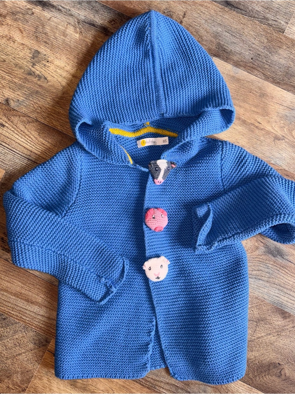 Baby Boden 3/4 Blue Hooded 100% cotton Knit Cardigan crochet farm Animal Buttons